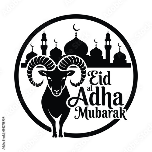 Eid al Adha Mubarak greeting with ram and mosque silhouette