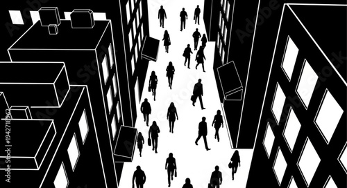 Silhouetted Figures Walking in a City Street Canyon.