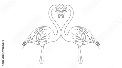 Flamingos in Love: Two elegant flamingos, their graceful necks forming a heart shape, stand together. A romantic outline illustration symbolizes affection and the beauty of nature.