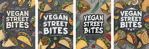 Colorful illustrations of vegan street food with vibrant designs and typography.