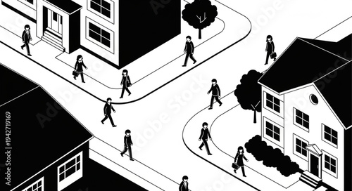 Isometric View of People Walking in a Neighborhood.