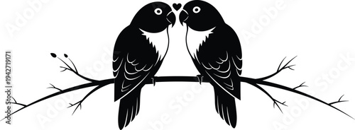 Romantic black lovebirds silhouette perched on tree branch minimalist vector illustration isolated on white background for decor design nature art
