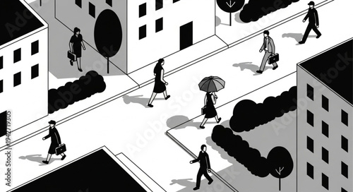 Monochromatic Cityscape - Pedestrians Navigating Urban Streets in High Contrast.