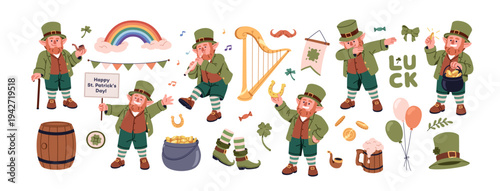 Leprechaun, Irish character and Ireland symbols, elements. St Patrick day, green holiday set with happy hatter, hat, gold in pot, shamrock. Flat vector illustration isolated on white background