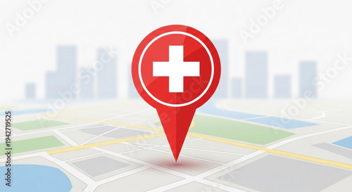Red medical cross location pin on urban city map background symbolizing healthcare and emergency services