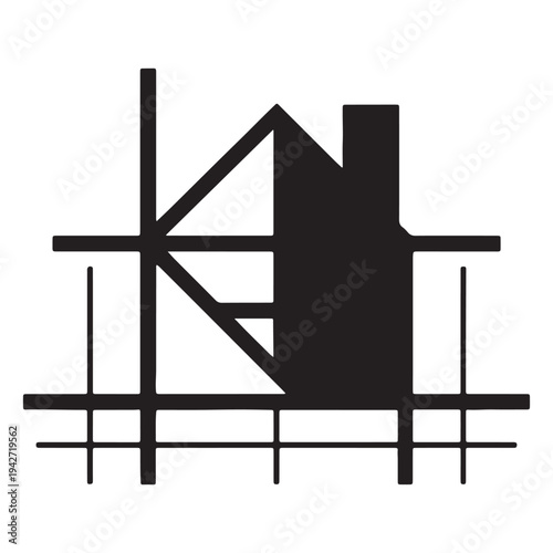 Minimalist black and white illustration of a simple house with a slanted roof and chimney