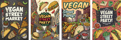Colorful vegan street market and party illustrations filled with diverse foods.