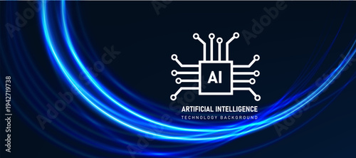 Artificial intelligence chip with glowing light wave technology background