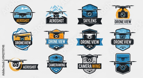 Collection of drone-themed logo designs featuring various aerial perspectives and camera imagery.