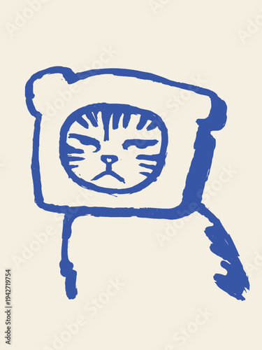Cat with toast on head naive hand drawn vector illustration