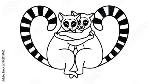 Heartfelt Embrace of Ring-tailed Lemurs: A heartwarming illustration of two ring-tailed lemurs, their bodies forming a loving heart shape.