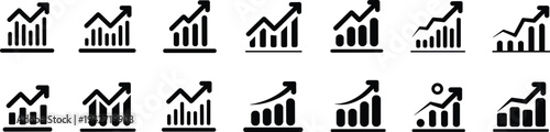 Set of black and white line showing upward trending graphs and charts line upward trend