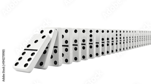 A long line of falling dominoes isolated on transparent background