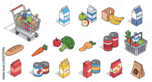 Grocery Items and Shopping Cart Illustration.