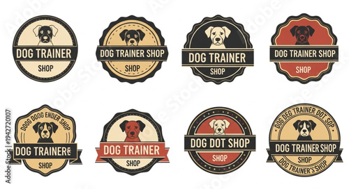 Collection of vintage dog trainer shop logos with dog illustrations.