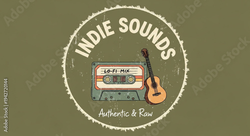 Vintage indie music logo with cassette tape and guitar on green background symbolizing authentic and raw sounds
