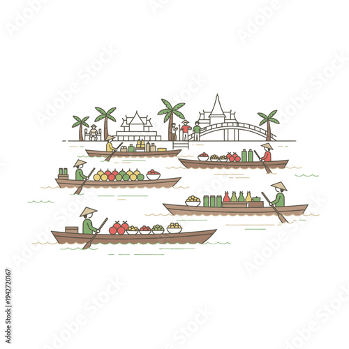 Floating Market Scene with Boats and Vendors.