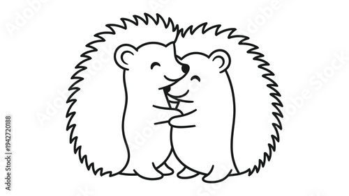 Hugging Hedgehogs Illustration: Two adorable hedgehogs embrace in a heartwarming hug, in minimalist black-and-white drawing conveying affection and friendship.