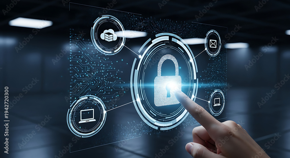 Fototapeta premium Digital 3D illustration of a hand holding a secure safe with a combination lock as a business technology concept for internet network information and web communication design