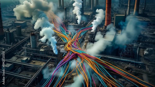 A Visual Metaphor for Air Pollution & Environmental Risk Colorful Wires Intertwining Above an Industrial Landscape