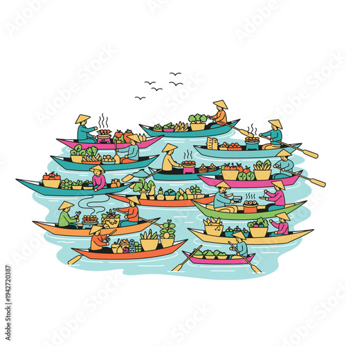 Floating Market Scene with Boats and Vendors.