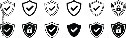 Set of black and white shield with checkmarks and padlocks in various styles security protection