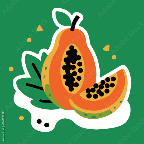 vibrant flat illustration of a ripe papaya fruit, sliced and whole, with green leaves on a solid green background