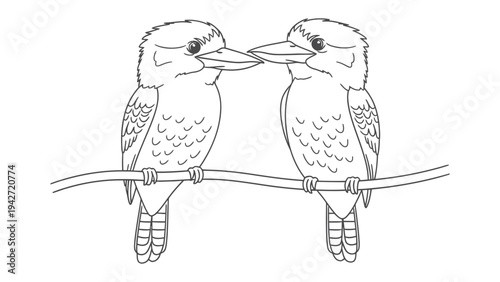 Kookaburras on Branch: Two kookaburras perched closely together on a slender branch, their beaks gently touching, in a moment of peaceful connection.