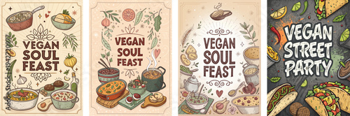 Colorful illustrations showcasing a vibrant vegan feast celebration.