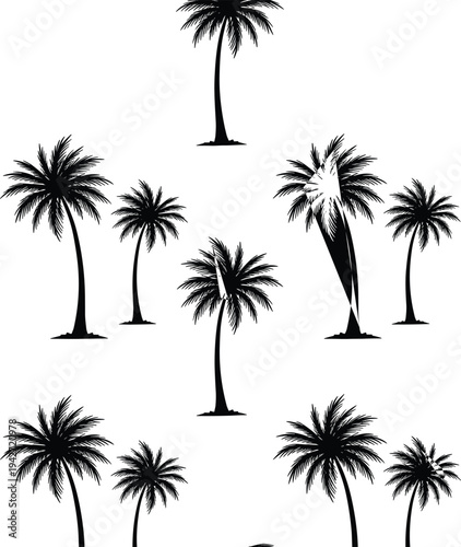 Tropical palm tree silhouette vector set, black coconut palm icons collection isolated on white background, summer beach island nature symbols for travel design