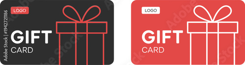 Two gift cards with red and black backgrounds and a red gift box white