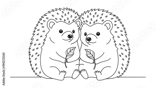 Charming Hedgehog Duo: Two adorable hedgehogs, side-by-side, each holding a delicate leaf, embody the purity of companionship. Their soft features and warm gaze create a sense of harmony. 