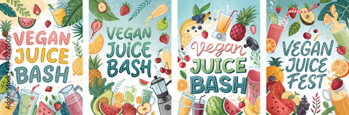 Colorful vegan juice bash illustrations featuring fresh fruits and vibrant drinks.