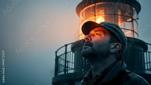 A lighthouse keeper stands and looks out over the rain-drenched ocean next to a glowing lantern. Concept of weather and natural disasters. A somber atmosphere.	