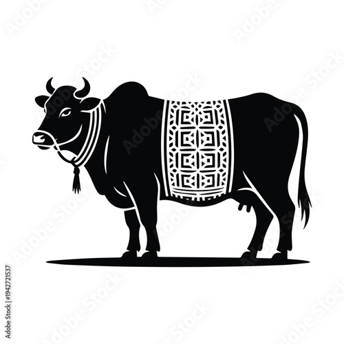Majestic cow with ornate blanket and decorative collar standing proudly