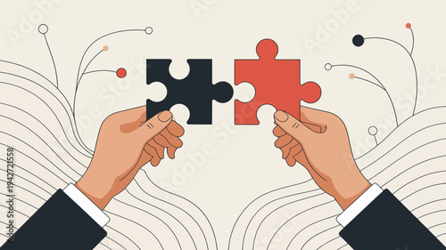 Two hands are shown connecting a black and red puzzle piece symbolizing collaboration problem solving and the fitting together of ideas high quality professional detailed modern