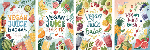 Colorful vegan juice illustrations showcasing fresh fruits and vibrant drinks.