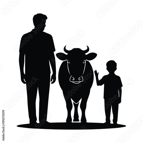 Silhouettes of man and boy with cow in simple modern design