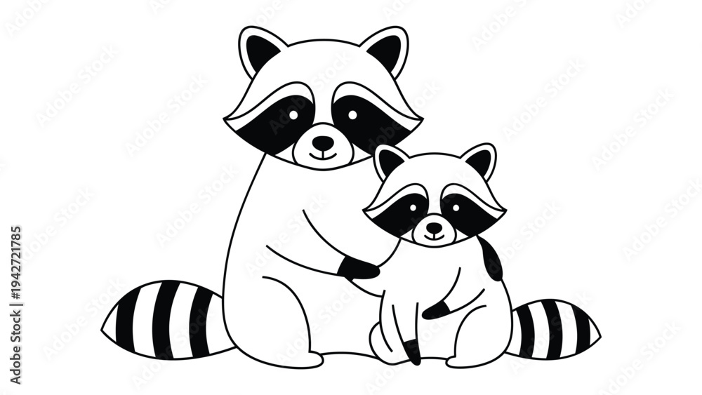 Obraz premium Playful Raccoons: A tender illustration depicts a parent raccoon and its offspring, sharing a moment of affection and companionship.