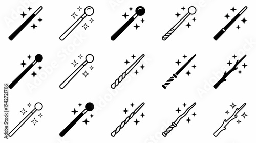 Various magic wand icons collection with sparkling star elements in outline and flat silhouette style, concept for fantasy gaming, creative storytelling and wizard branding