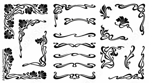 Detailed set of black Art Nouveau floral borders and vintage corner ornaments on white background, concept for wedding invitation design, luxury branding and elegant stationery decoration