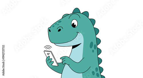 Cartoon dinosaur character uses a modern smartphone with wireless signal waves appearing above the device screen on a white field.