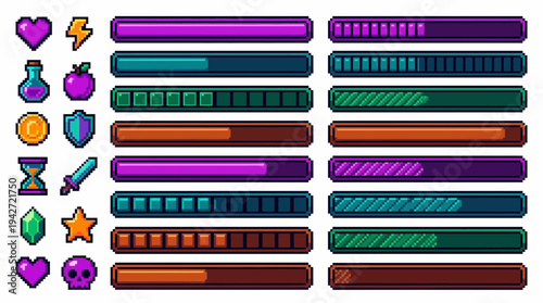 pixel art game user interface assets including status bars and power-up icons on white background, concept for retro game development, mobile application design and gaming interface