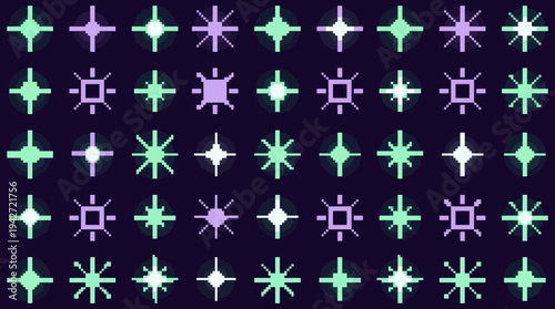 Pixel art aesthetic grid featuring glowing neon stars and geometric symbols on a dark background in retro 8-bit style, concept for game interface design, digital wallpaper and arcade