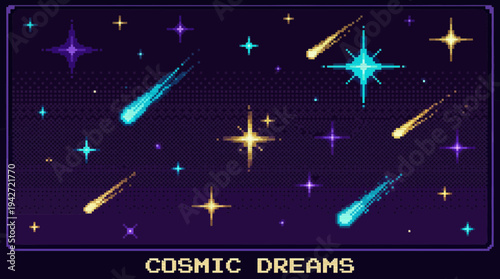 Retro pixel art galaxy background featuring shining stars and shooting comets with Cosmic Dreams text, concept for gaming banner, arcade background and retro wallpaper