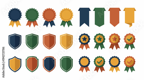 Collection of colorful flat vector badges with ribbons and shield icons isolated on white background, concept for quality certification, business awards and achievement recognition