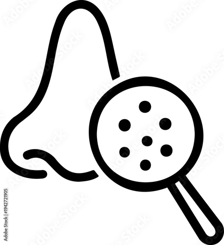 Human Nose with Magnifying Glass Icon, Dermatology Skin Care and Blackheads Treatment Vector Outline