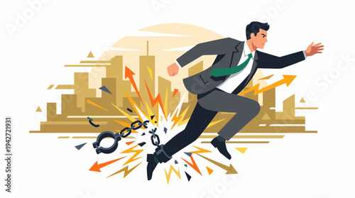 Determined corporate executive breaking metal chains while running fast with city skyline background, concept for professional breakthrough, business freedom and career growth motivation