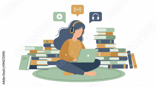 Female freelance copywriter wearing headphones using laptop on floor surrounded by book stacks and digital icons, concept for professional research, digital library and remote work education