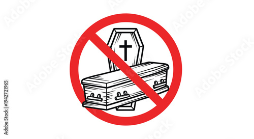 Prohibited burial sign features a coffin and a cross symbol inside a red circle with a diagonal line for cemetery restrictions.